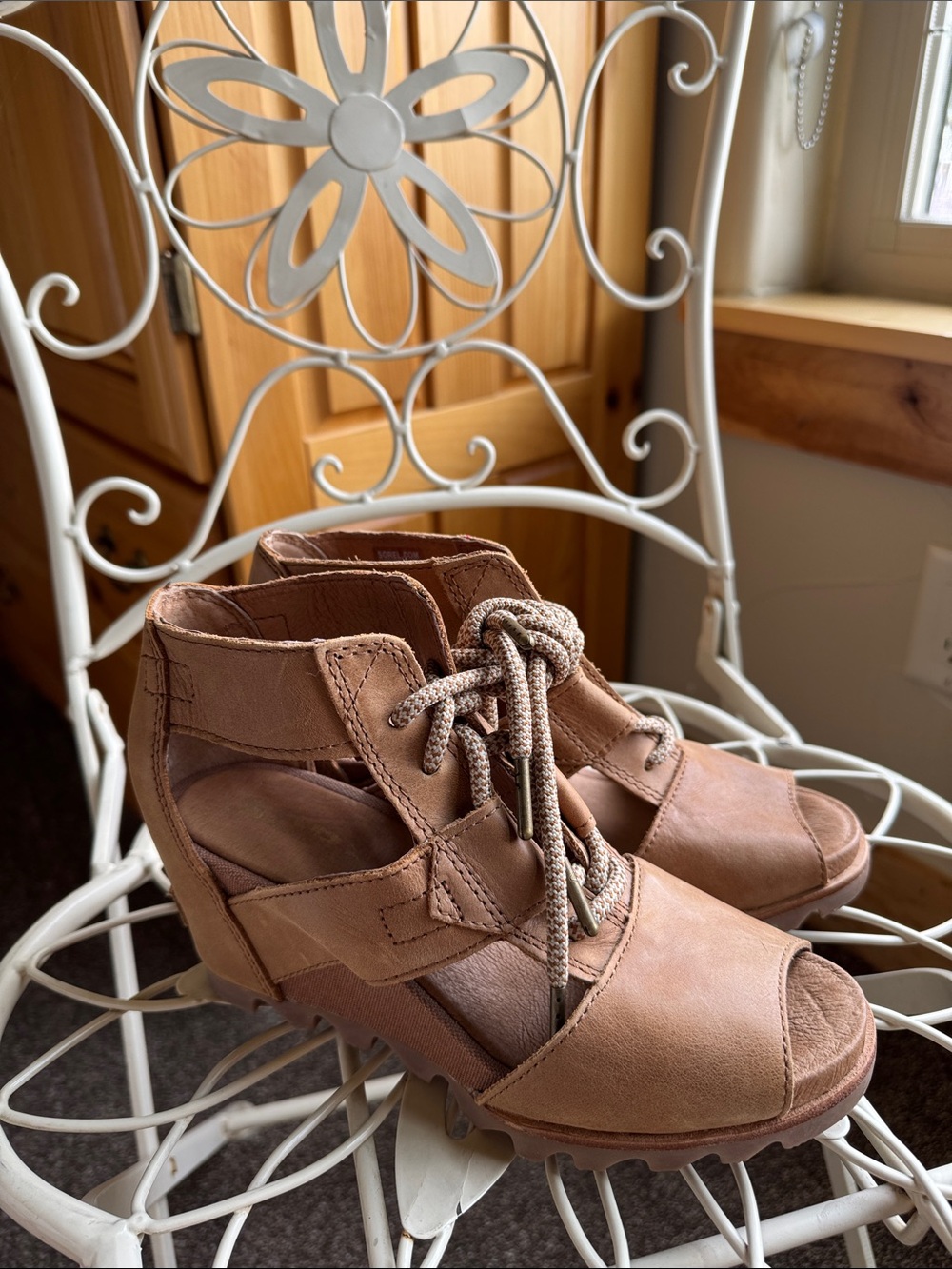 Sorel Tan Lace-Up Cutout Wedge Sandals